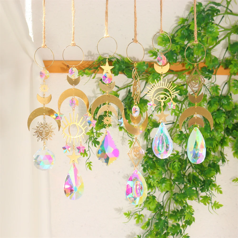 

6pcs Crystal Prism Wind Chimes Garden Ornaments Metal Rainbow Light Catcher Lotus Moon Sun Window Supplies for Home Wall Bedroom