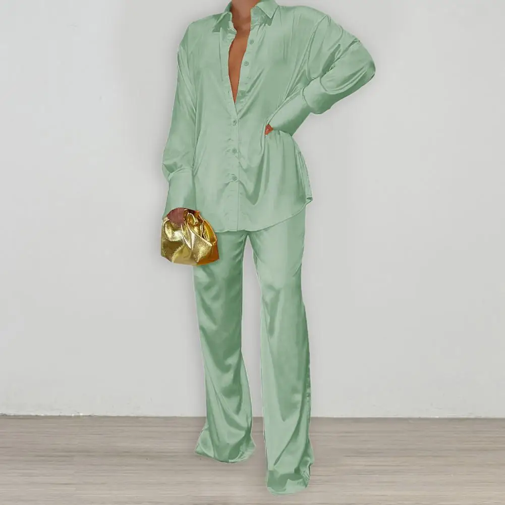

2pcs/Set Women Top Pants Set Solid Color Lapel Collar Shirt Long Trousers Tops Two Pieces Outfits For Girl
