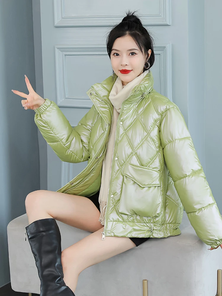 2022 New Hot Women WInter Jacket Bright Shiny Stand Collar Padded Warm Outerwear Coat Parka Solid Green White Black