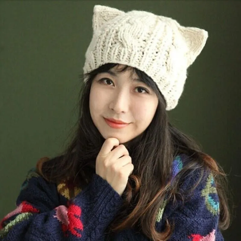 

Lovely Cat Ears Hat Beanie Women Warm Solid Color Hip-hop Cap Lady Girls Cute Winter Knitted Skullies Beanies Wool Ski Caps