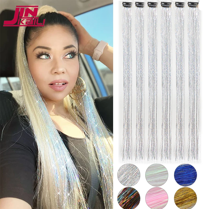 

6 Pieces Clip Hair Synthetic 24 Inch Fairy Hair Tinsel Extensions, Glitter Hair Tensile Clip Shiny Colorful for Women Girls