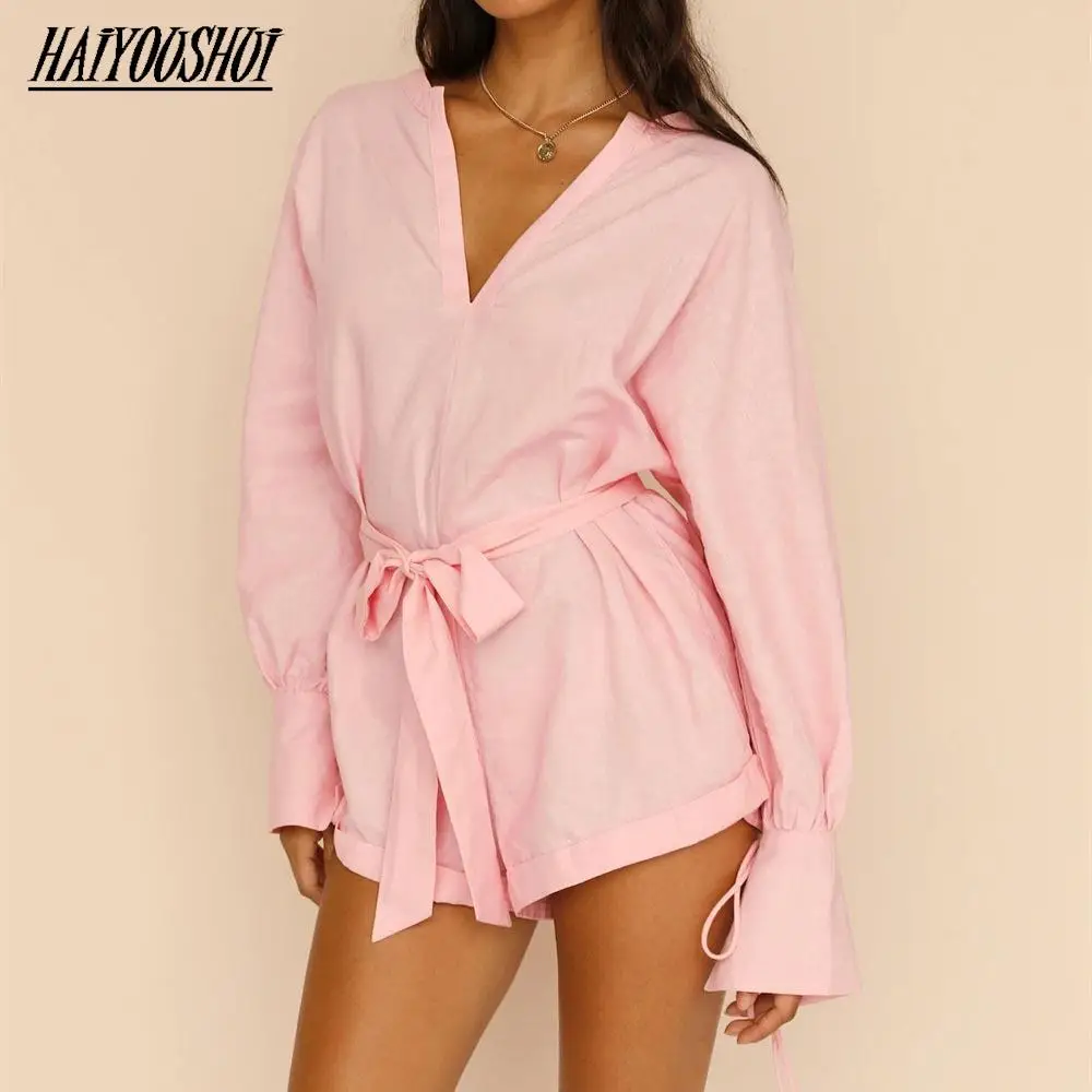 Women Fashion Casual V Neck Shirt 1 Piece Set 2022 Spring Summer Female Long Sleeve Shirt High Waist Drawstring Shorts Trucksuit