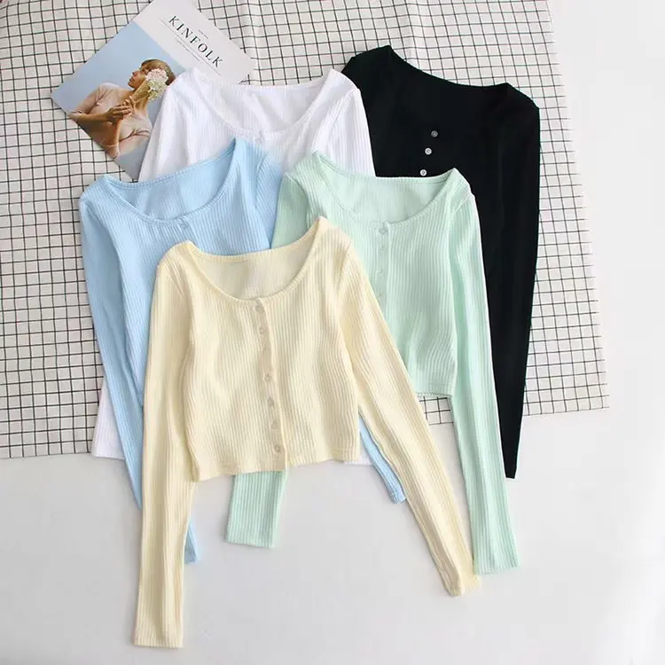 

Korean Fashion Slim Round Collar Basic Vintage T-shirts Sexy O-neck Simple Button Up Short Tops Vintage Summer Clothes for Women