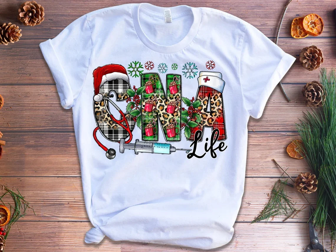 Leopard Nurse Christmas Tree Graphic Print T Shirt Women Teacher Cna Life Tshirt Femme Fashion Makeup T-Shirt Harajuku Shirt