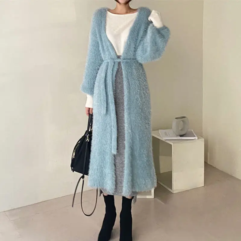 

Winter Soft Warm Mohair Cardigan Femme Long Outerwear Knitwear Korea Elegant Sweater Coat Thicken Lace Up Furry Cardigans Jacket