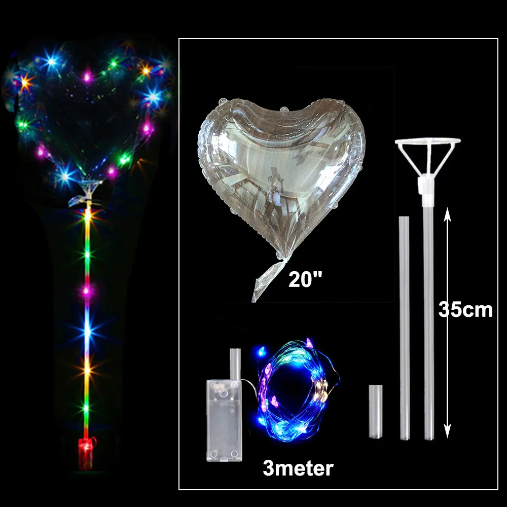 

1 Set Led Heart Balloon With Sticks Light up Bobo Balloon Luminous Transparent Helium Bobo Ballons Wedding Birthday Party Decors
