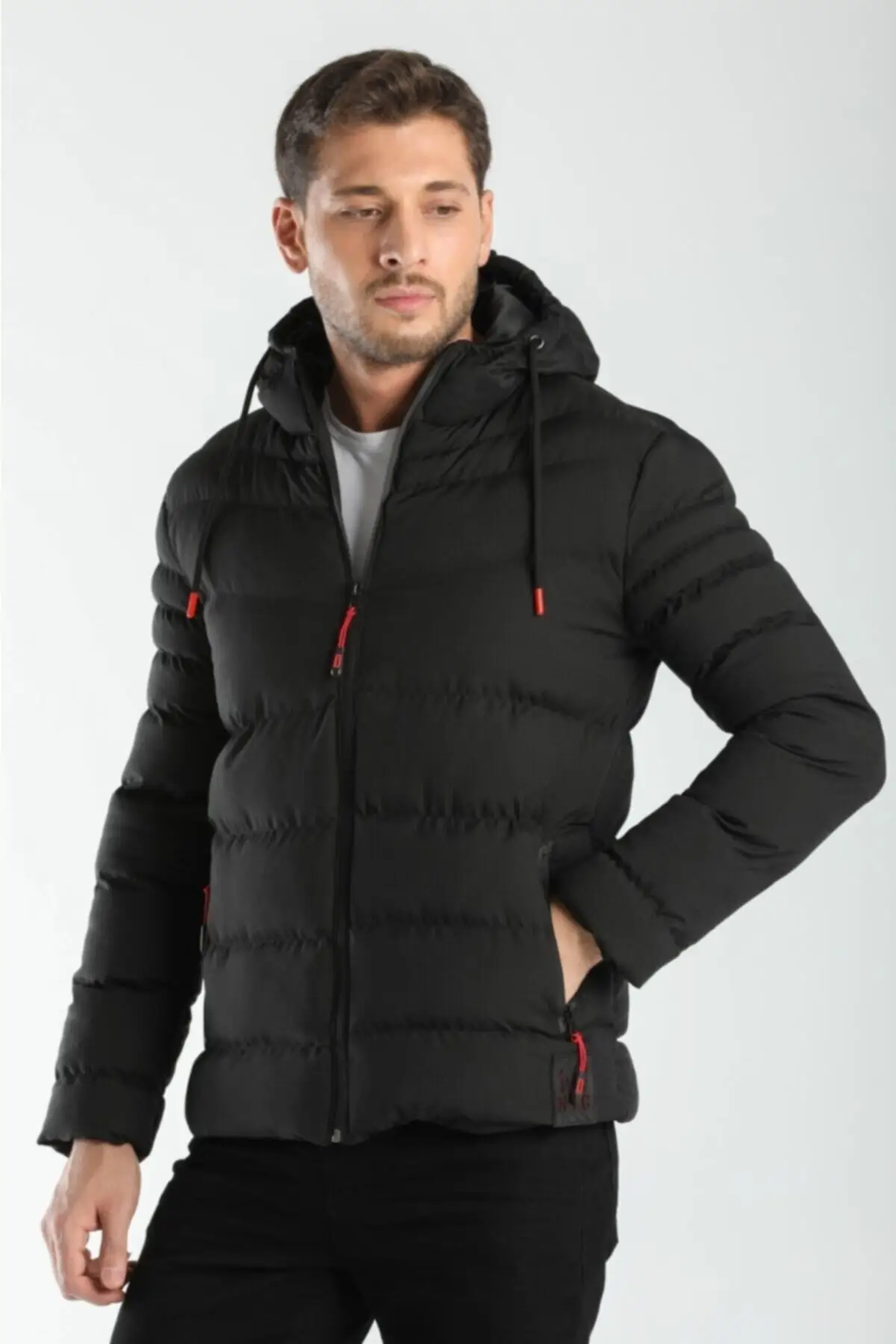 Freddo Men's Black Will Windproof Hooded Micro Filled Coat Red Detailed