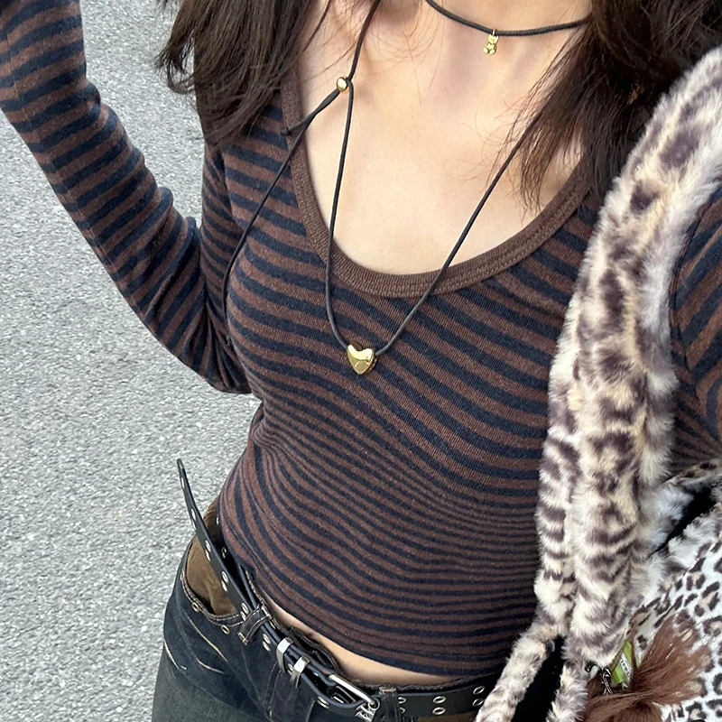 

Vintage Classic Striped Slim T-shirts Women Autumn Casual Long Sleeve Streetwear Round Neck Cotton Tees Harajuku Chic Y2k Tops