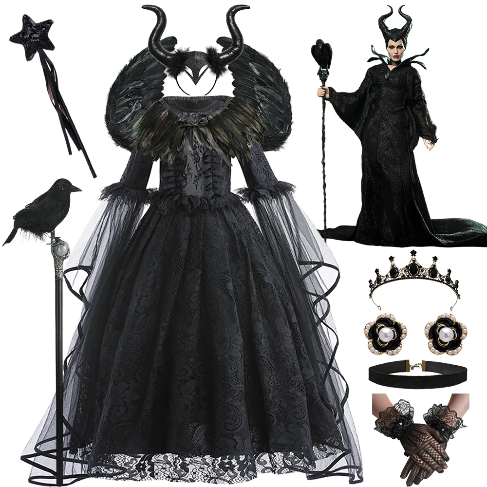 

Disney Halloween Costume Maleficent Lace Dress For Girls Cosplay Evil Queen Black Mesh Princess Dress Kids Crow Wand Maleficent