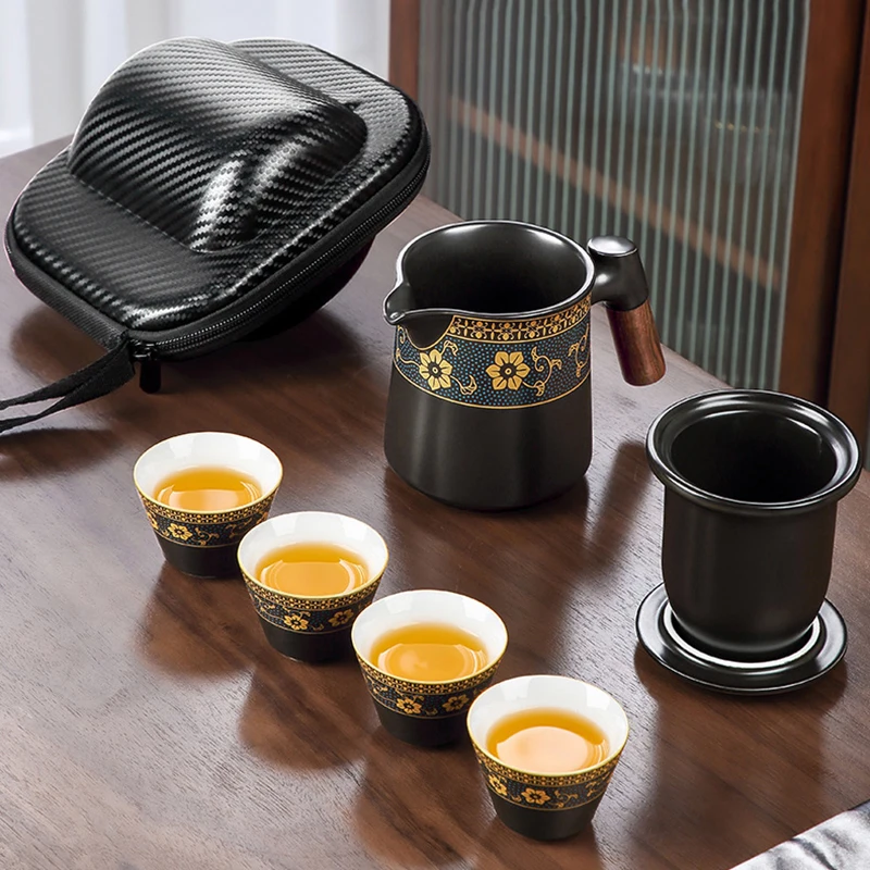 

Чайный сервиз для путешествий, керамическая чайная чашка для использования на улице, в автомобиле, для офиса, чайный сервиз китайского кунг-фу, откидной чайник, подходит для 4 человек