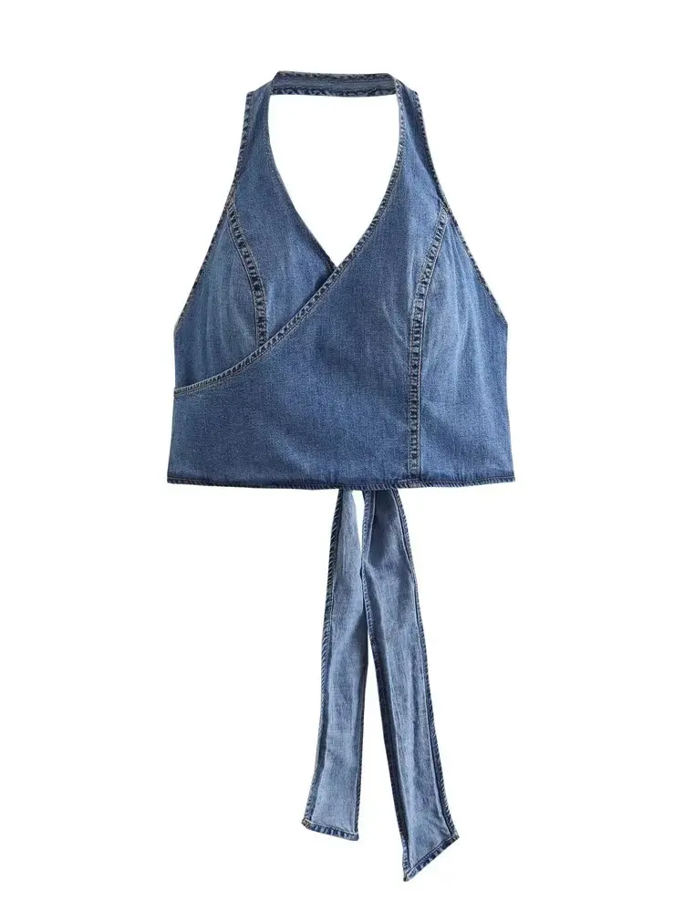 

MESTTRAF Women Fashion Y2K Cropped Denim With Tied Halter Tank Tops Sexy Backless V Neck Female Camis Chic Tops