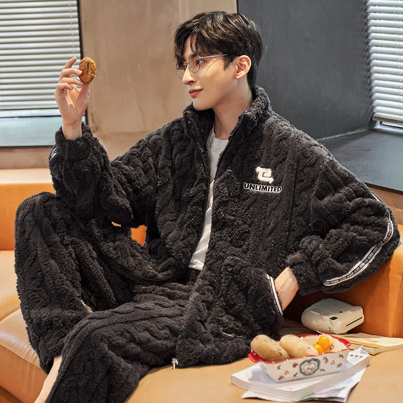 QUHENG Winter Men's Pajamas Sets Layers Warm Thick Coral Fleece Sleepwear Long Sleeve Turn-Down Collar Male Deity Pijamas Suits