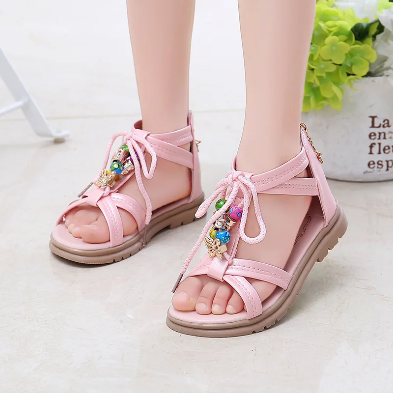 

Children's Sandals Girls Beading Folk-custom Rome Sandals 2023 Summer Fashion Korean Style Kids Princess Solid Flat Casual Shoes