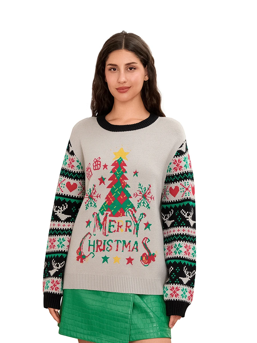 Женский рождественский свитер с длинным рукавом и круглым вырезом пуловер
