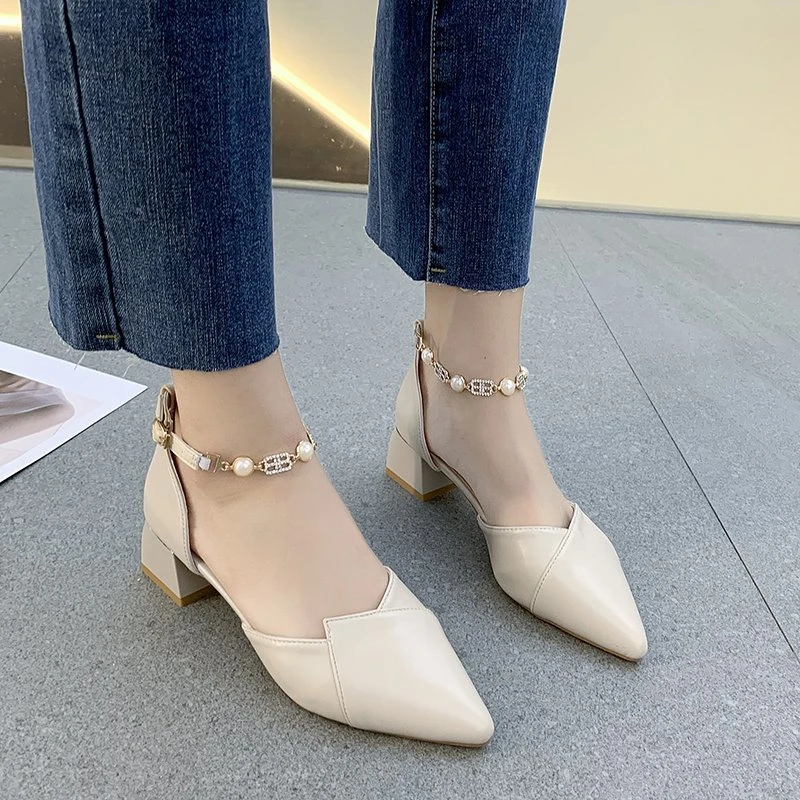 

Slotted Buckle Pointed Solid Color Sandals for Women In 2023 Summer New Fairy Style with Skirt Wearing Thick Heels for Women's