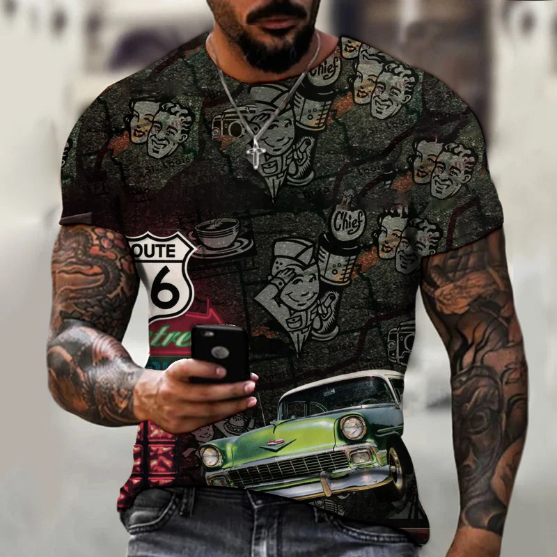 

2022 США шоссе 66 Логотип Мужская 3DT рубашка с круглым вырезом футболка Летняя мода 3D свободного кроя