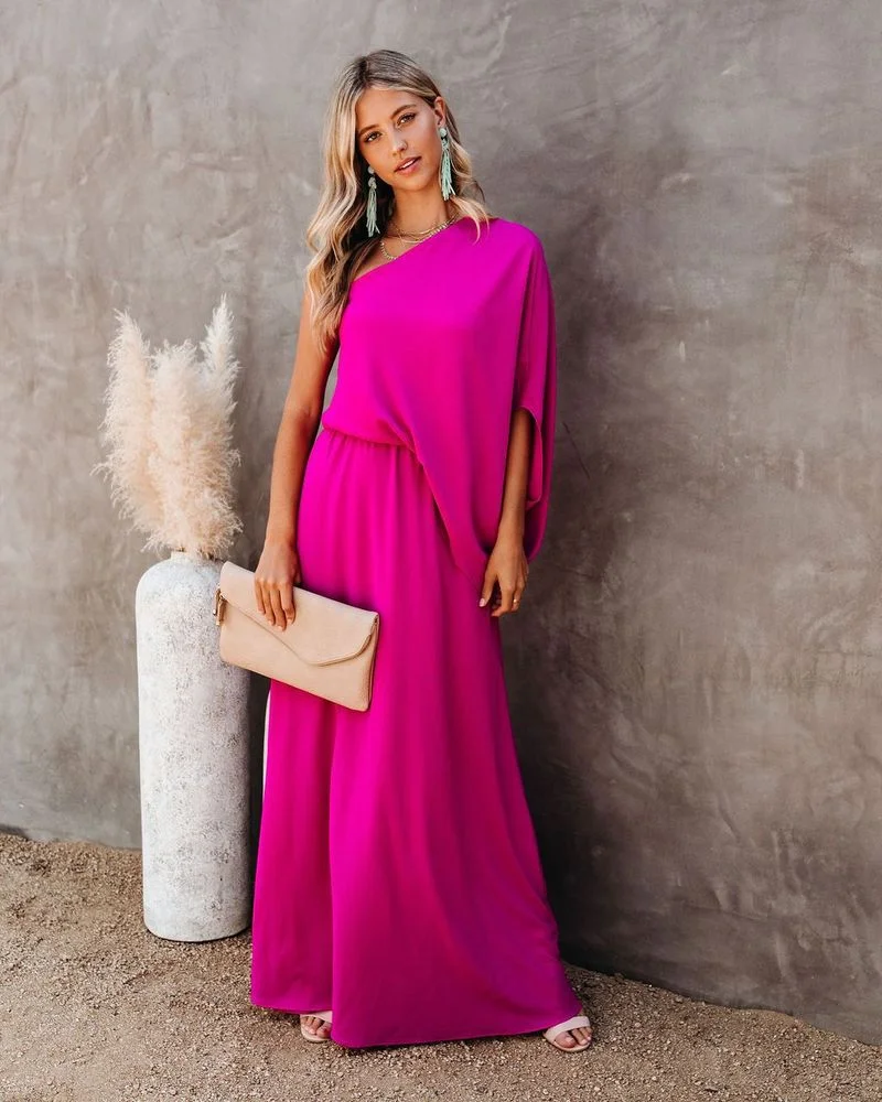 

2022 Summer Women's Satin Dresses Lantern Sleeve One Shoulder Bodycon Women Clothes Elegant Rose Club Party Office Midi Dress