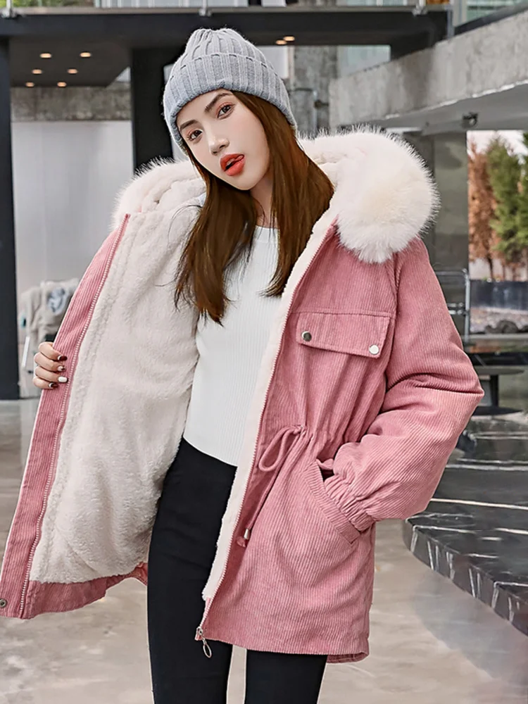 

Hooded Parka 2023 Winter Thicken Fur Collar Long-sleeved Women Clothes Loose Jackets Streetwear Pin Cotton Padded Coat M258