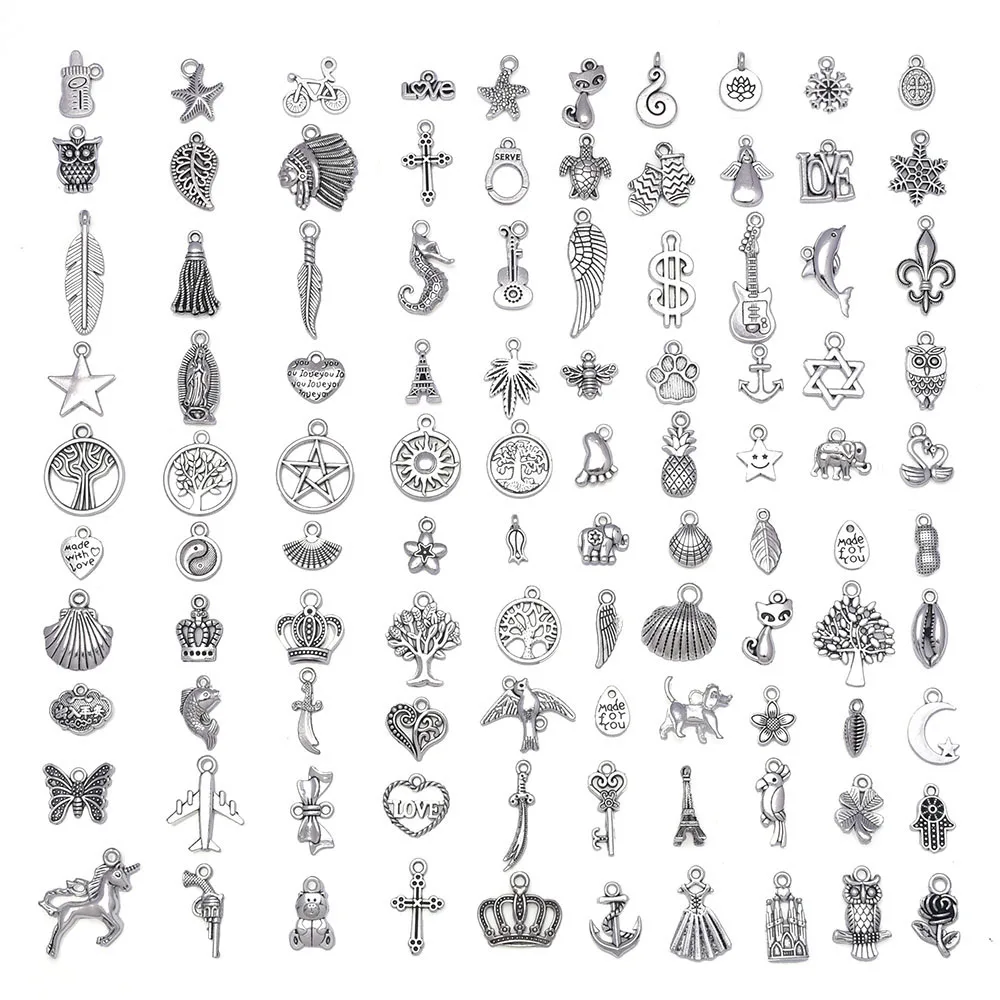

100Pcs Jewelry Making Charms Mixed Smooth Tibetan Silver Metal Charms Pendants for Necklace Bracelet Jewelry Making and Crafting