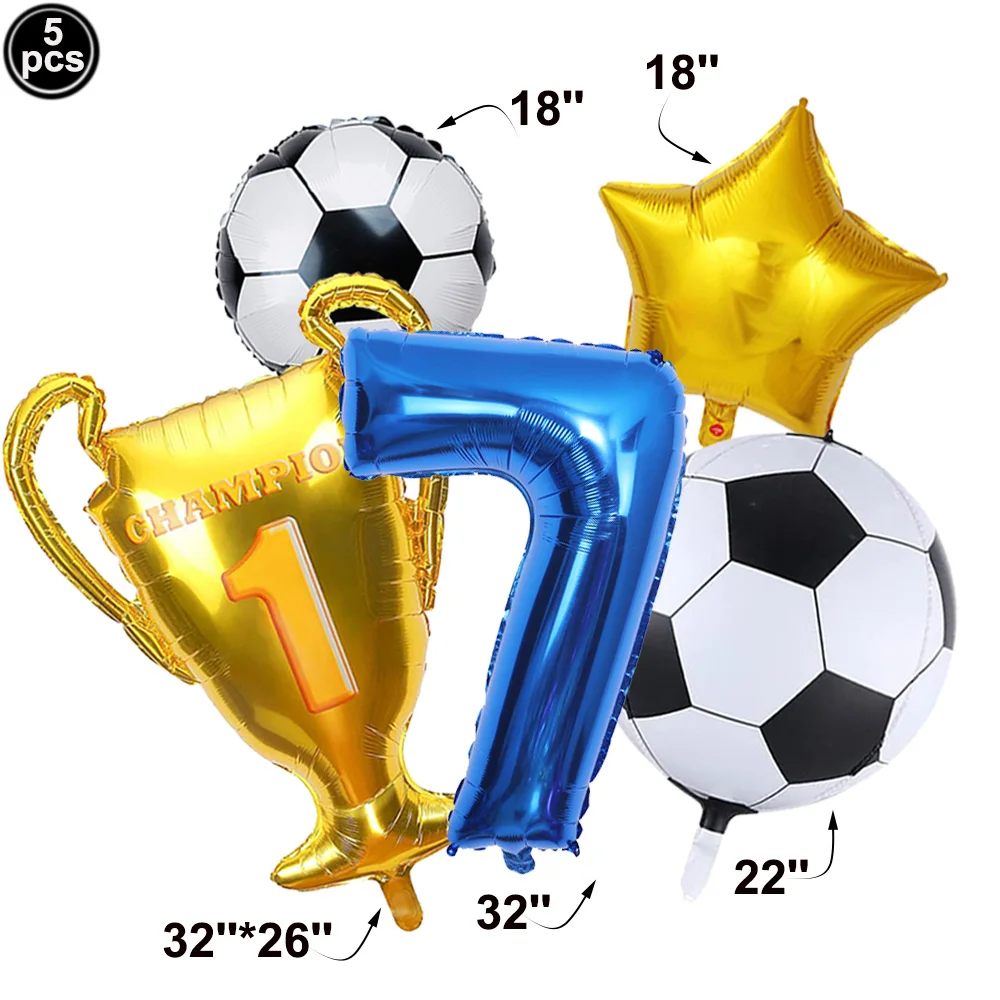 

5pcs Soccer Balloons 7th Birthday Decorations for Boys Championship Trophy Balloon Soccer Foil Balloons Sports Theme Party Decor