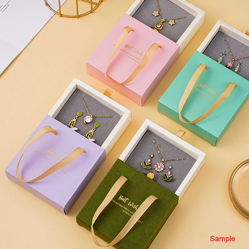 

1 Pc Gifts Box Paper Drawer Jewelry Box with Handle Ring Earrings Necklace Portable Display box Best Wishes Storage jewelry box