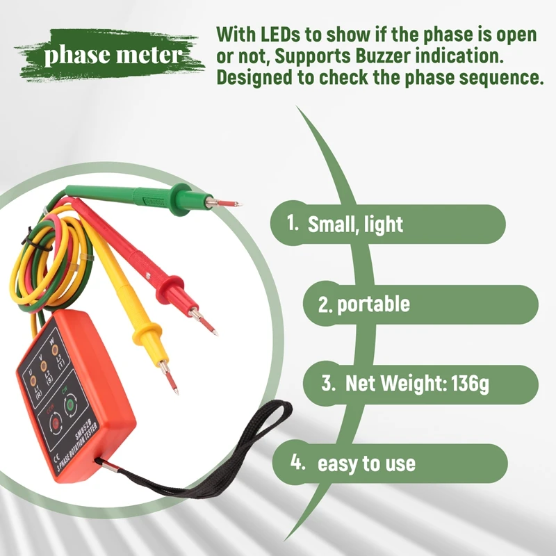 Новый 3-фазный тестер-индикатор последовательности фаз с LED-дисплеем и зуммером, портативный, в чехле TD-LED02-DT30 (art.: 3920dc6f98918) - 3920dc6f98918