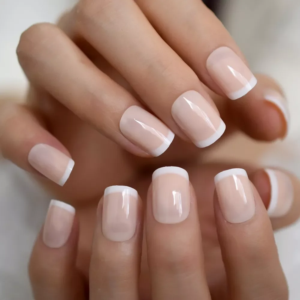 

NEW IN Summer Short Nude Beige White French False Fake Nails Glossy UV Press on Nails Full Cover Wear Finger Nail Art Tips
