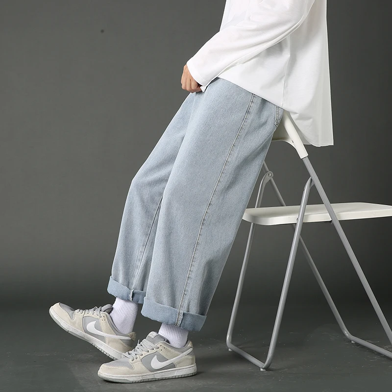 2022 New Street Casual Loose Jeans Men's Korean Fashion Straight Wide Leg Pants Couple Black Blue Light | Мужская одежда