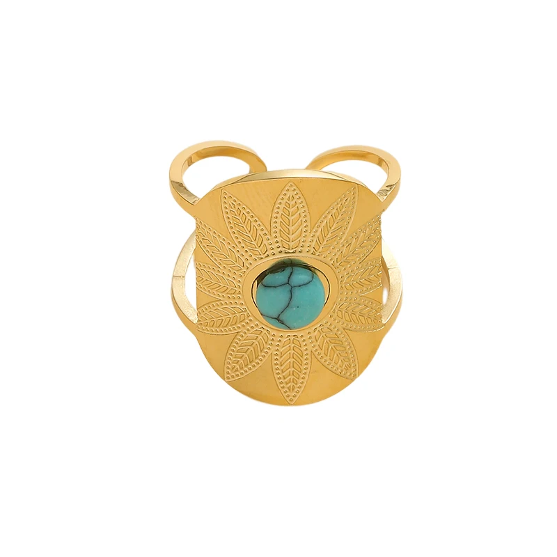 

Turquoise Vintage Rings for Women Natural Stone Stainless Steel Gold Plated Luxury Rings Adjustable Opening Jewelry