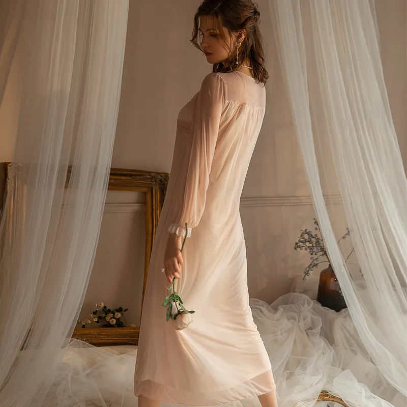 Sexy nightdress women's long sleeves long lace princess style pink pajamas with chest pads new pure desire style thin loose
