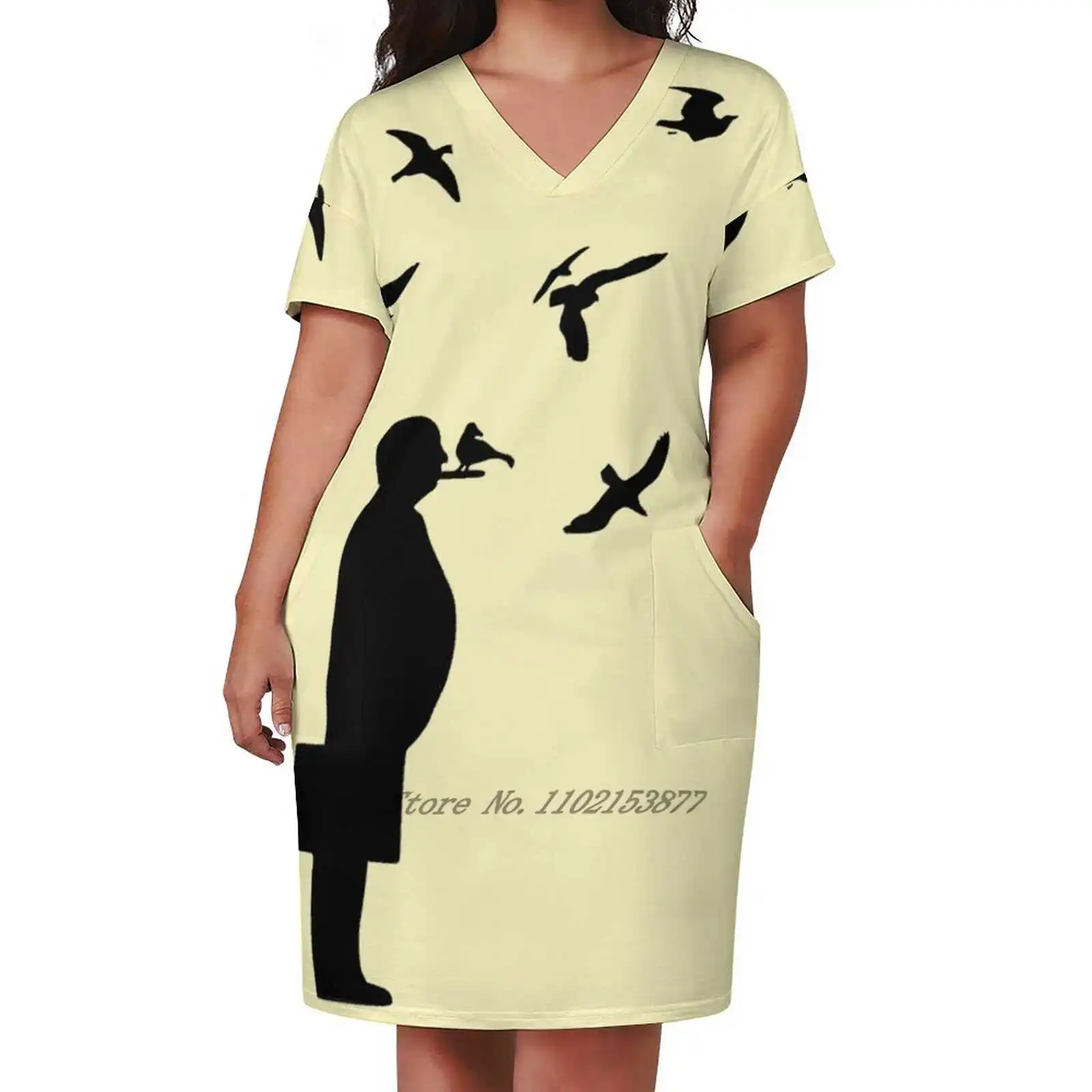 Свободное платье с карманами Альфред Хичкок и силуэтом птиц платья короткими