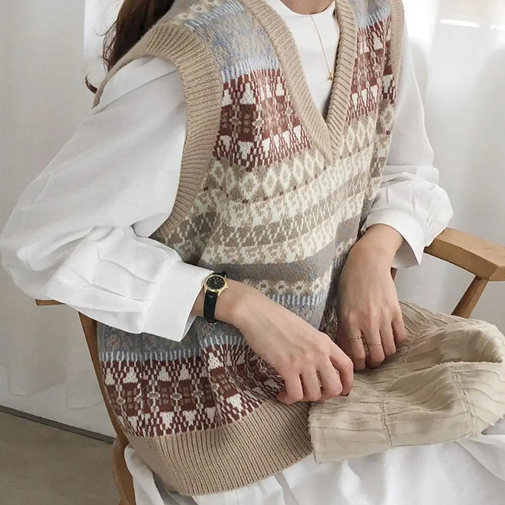

Spring Autumn Sweater Knitted Vest Women Sleeveless Casual Girls Oversized Pullover Female Tops Style V-neck Preppy Sw K7j2