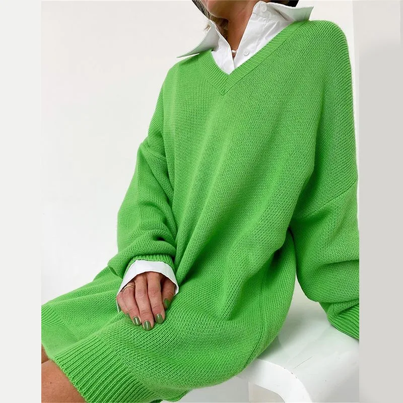 

Women's Sweater Oversize Long Knitted V-neck Loose Ladies Sweaters Pullover Drop Shoulder Green Solid Autumn 2021 Casual Vintage