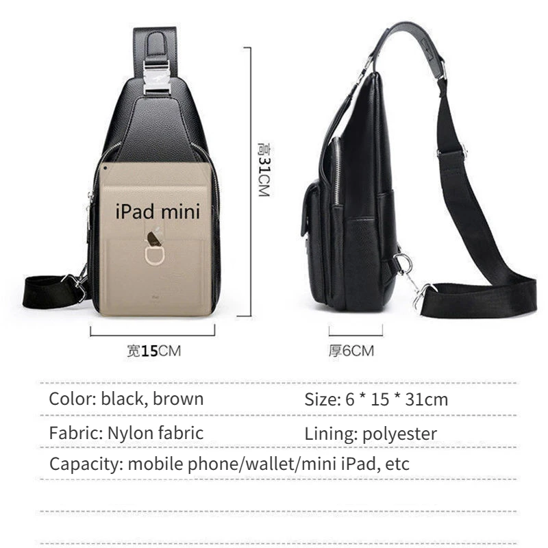 Men's Chest Bag Leisure Business Crossbody Bag Vintage 100% Genuine Leather Handbag Chest Bag USB Charging Waterproof Backpack