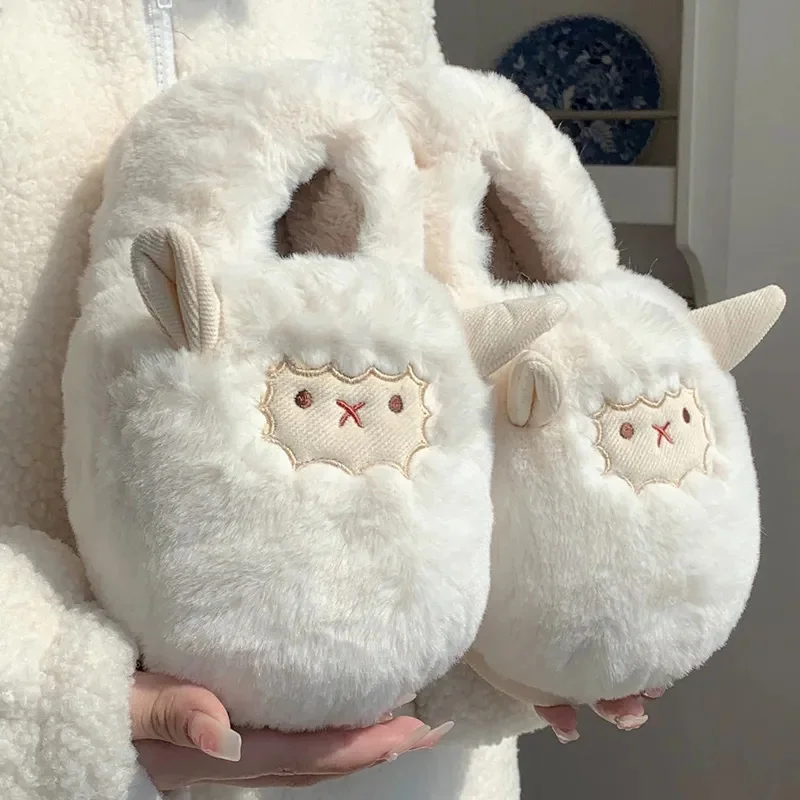 

Cute Lamb Furry Slippers Women Winter New Cartoon Thick Plush Slippers Female Bedroom Soft Cozy Warm Fluffy Home Shoes
