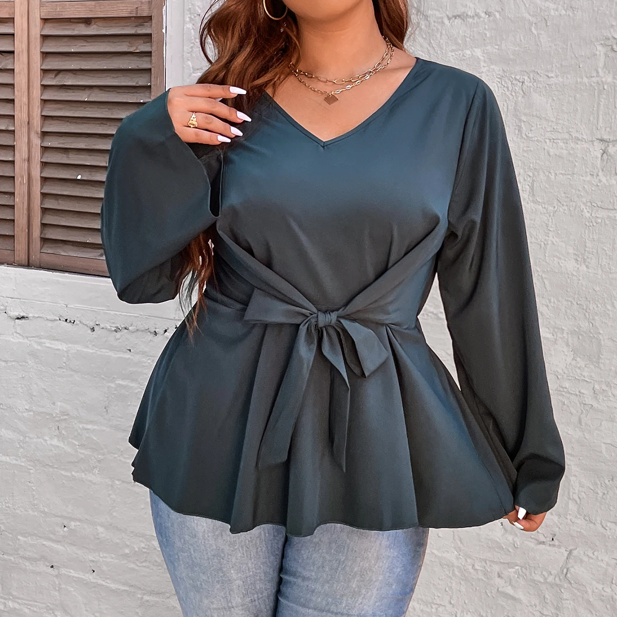 Women Plus Size 4XL Bow Blouses Peplum Tops Casual BlackT-Shirt for Ladies Long Sleeve V Neck Autumn Cotton Tee Shirts Fashion