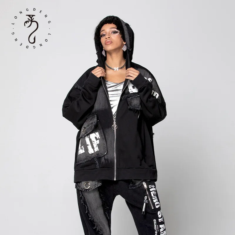 

SuperAen 2022 весеннее женское джинсовое пальто из хлопка размера плюс с капюшоном, Повседневная джинсовая куртка с буквенным принтом