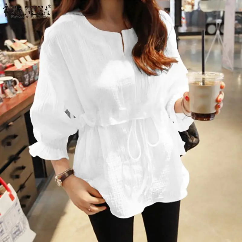 

Women Vintage V Neck Lace Up Shirt 2022 Spring Solid Maxi Holiday Chemise Female OL Blusas ZANZEA Casual 3/4 Puff Sleeve Blouse