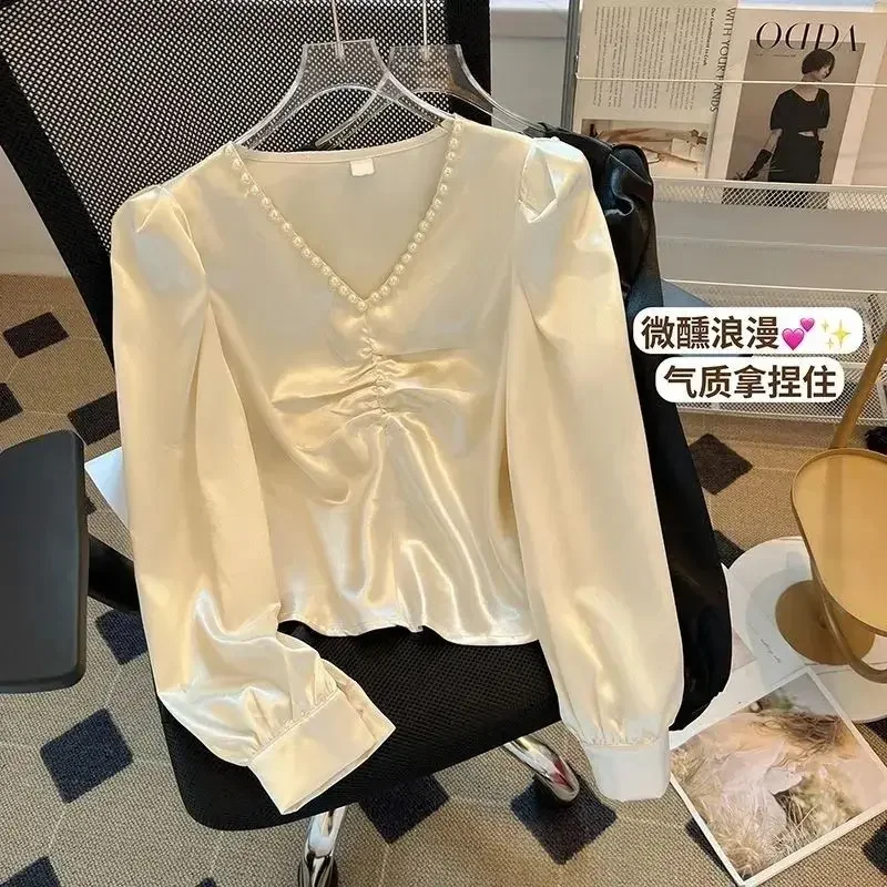 Женская атласная рубашка с V-образным вырезом черная блузка шипами корейский