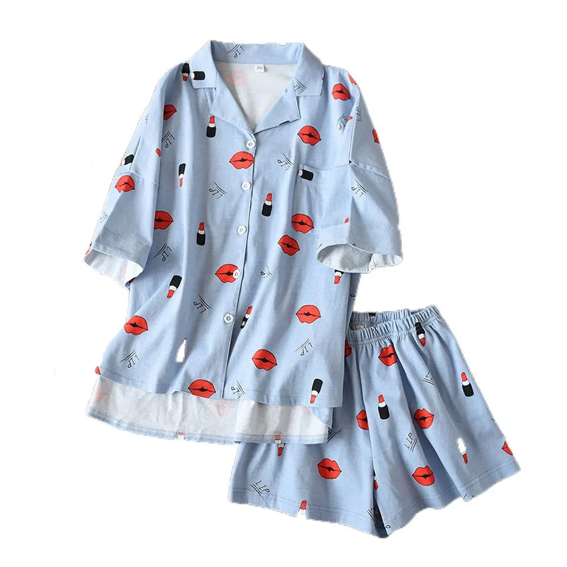 

Knitted Short-sleeved Lenceria Two-piece Pajamas Women's Shorts Summer Lips Printed Loose Cotton Ladies Casual Home Sleepwear