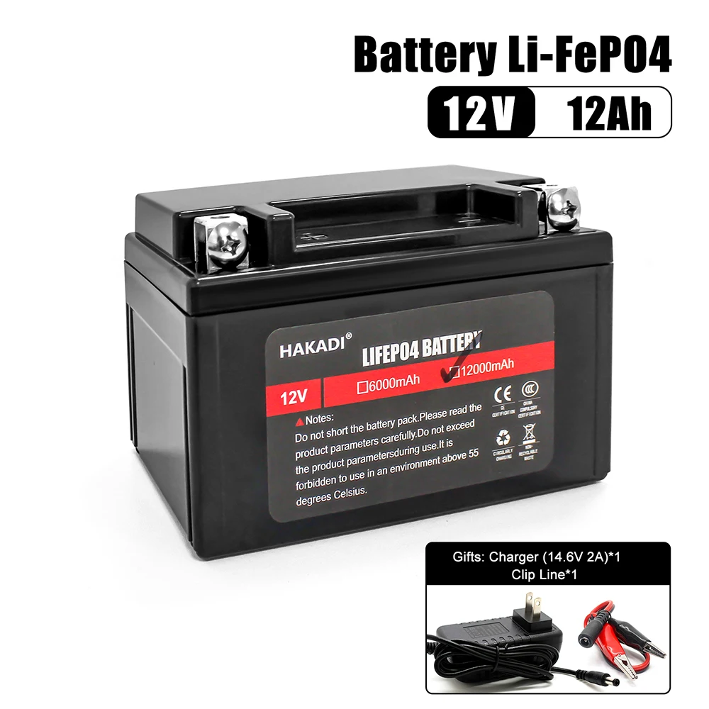 

HAKADI 12V 12Ah LiFePO4 Lithium Iron Phosphate Rechargeable Battery 4000+ Deep Cycle Built in BMS for Power Lights Electrical