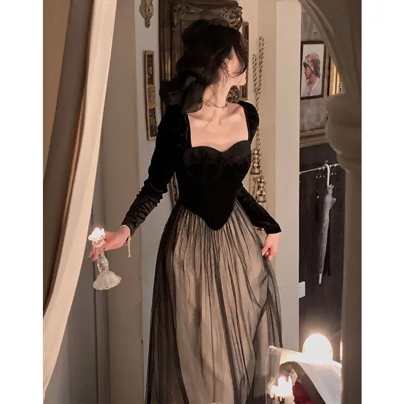 

Женский элегантный костюм с юбкой, Черный винтажный костюм из двух предметов, Корейская шикарная блузка и газовая юбка миди для вечерние, зи...