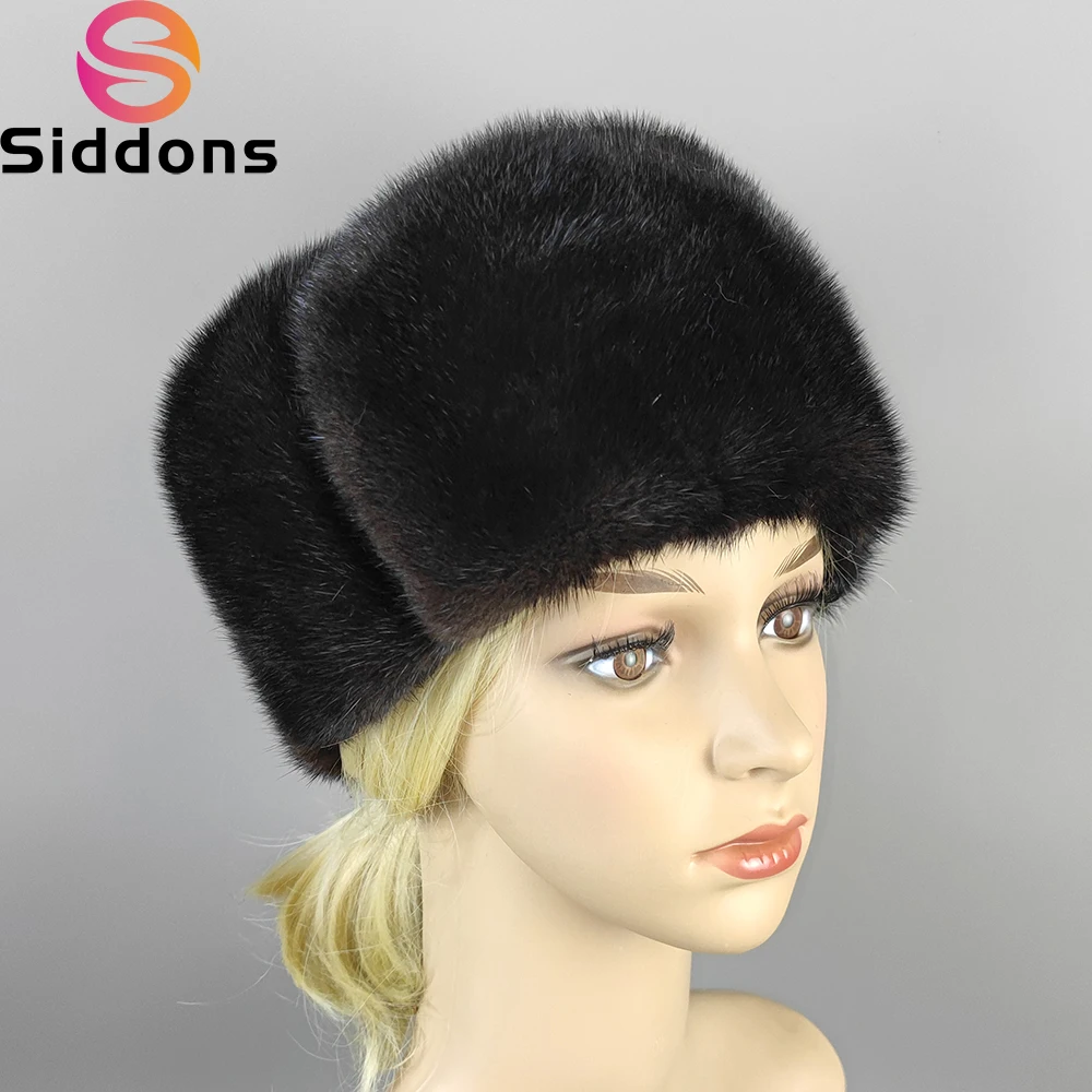 2022 Winter Unisex Real Fur Mink Skin President Hats Outdoor Head Warm Marten Bonnet Black/Brown 56-61cm Real Mink Caps Beanies
