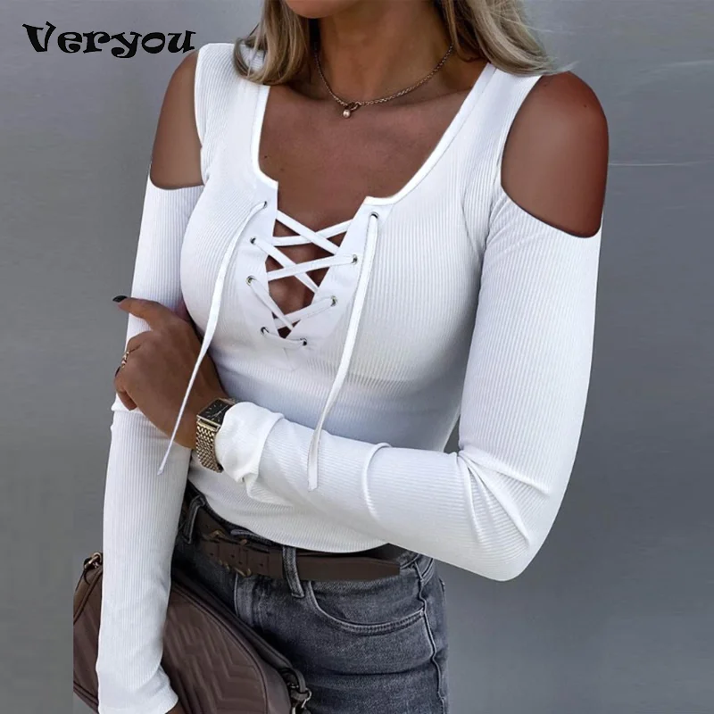 

Новинка 2022, сексуальные футболки для женщин, топ с открытыми плечами, приталенный пуловер, футболка, Женская Весенняя однотонная короткая ф...