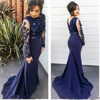 navy blue sexy illusion long sleeves prom gown appliqued vestido robe de soiree 2018 lace mermaid mother formal evening dresses