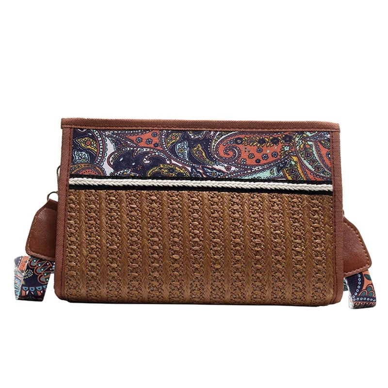 

Straw Beach Bag Vintage Handmade Woven Shoulder Bag Ethnic Rattan Bags Bohemian Summer Travel Messenger Bag