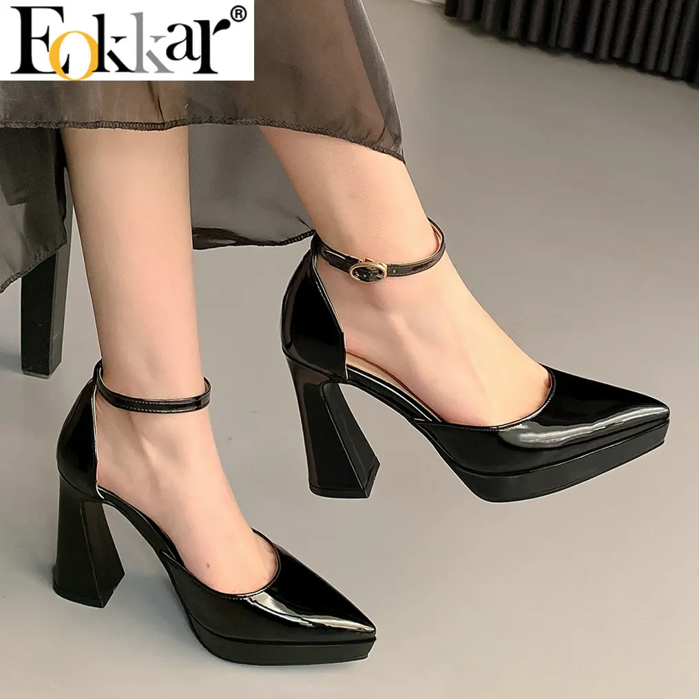 Eokkar 2022 Black Patent Leather Pointed Toe Ankle Strap Pumps Block High Heel Pumps White Dorsay High Heels Sexy Wedding Pumps