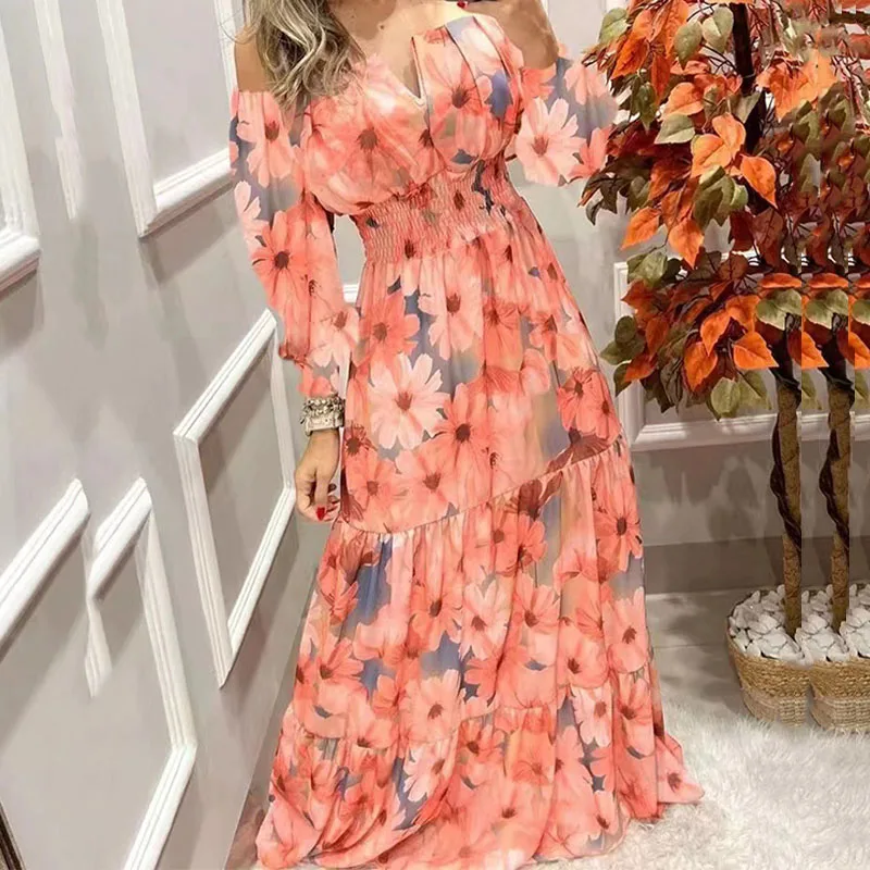 

Женское длинное платье с вырезом лодочкой, элегантное Праздничное Платье макси с цветочным принтом, модное ажурное платье-трапеция в стиле ...