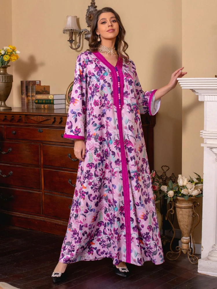 

Eid Muslim Women Abaya Morocco Party Dress Floral Print Abayas Prayer Long Sleeve Robe Dress Ramadan Musulman Maxi Vestidos 2023