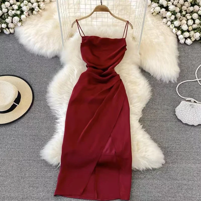 

Женское вечернее платье с открытой спиной, элегантное красное однотонное Плиссированное Платье трапециевидного силуэта на бретелях в стил...